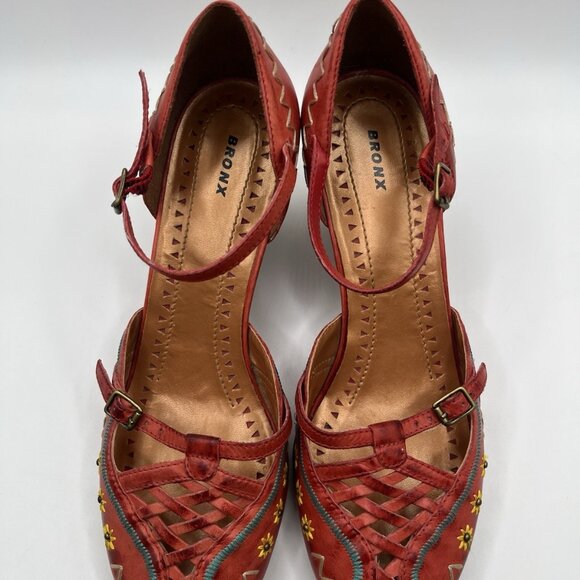 Bronx Women’s Red Leather Wedge Sandals Size 37 EU, US 6.5-7 Embroidered Brazil - Picture 5 of 13